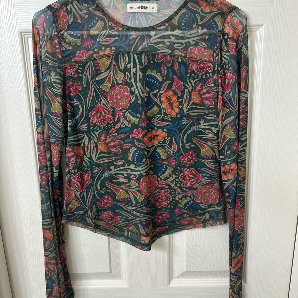 NATURAL LIFE Floral Mesh Blouse - Pink, Green, Blue